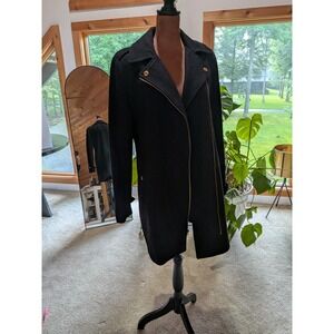 Michael Kors Womens Black Asymmetrical Zip Wool Blend Coat Gold Hardware